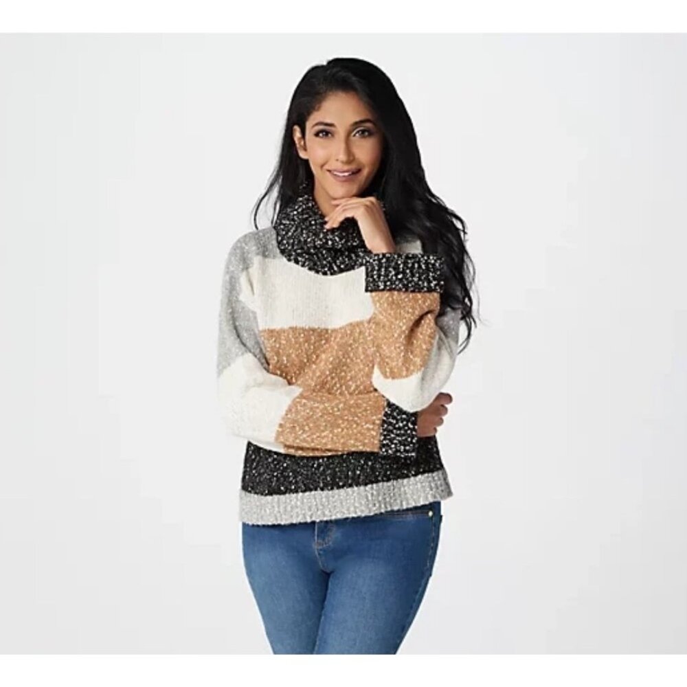 NEW! G.I.L.I Chunky Turtleneck Sweater, Color Blocked, Neutral, Large